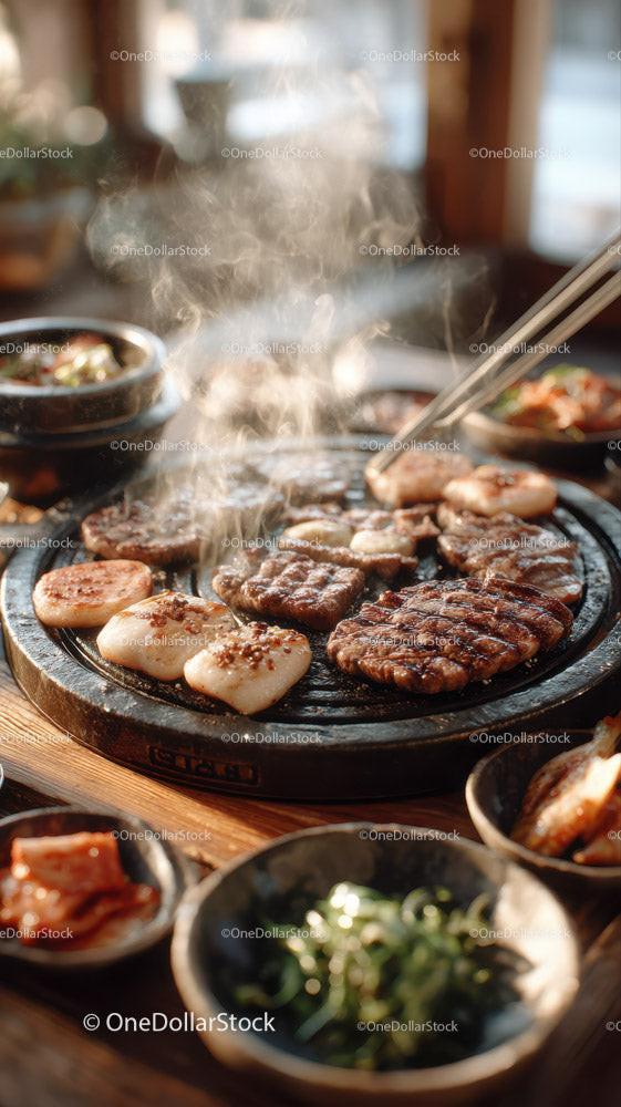 Korean Barbecue with Grilled Meat and Fresh Vegetables in a Traditional Setting Stock Photo Bundle preview 6