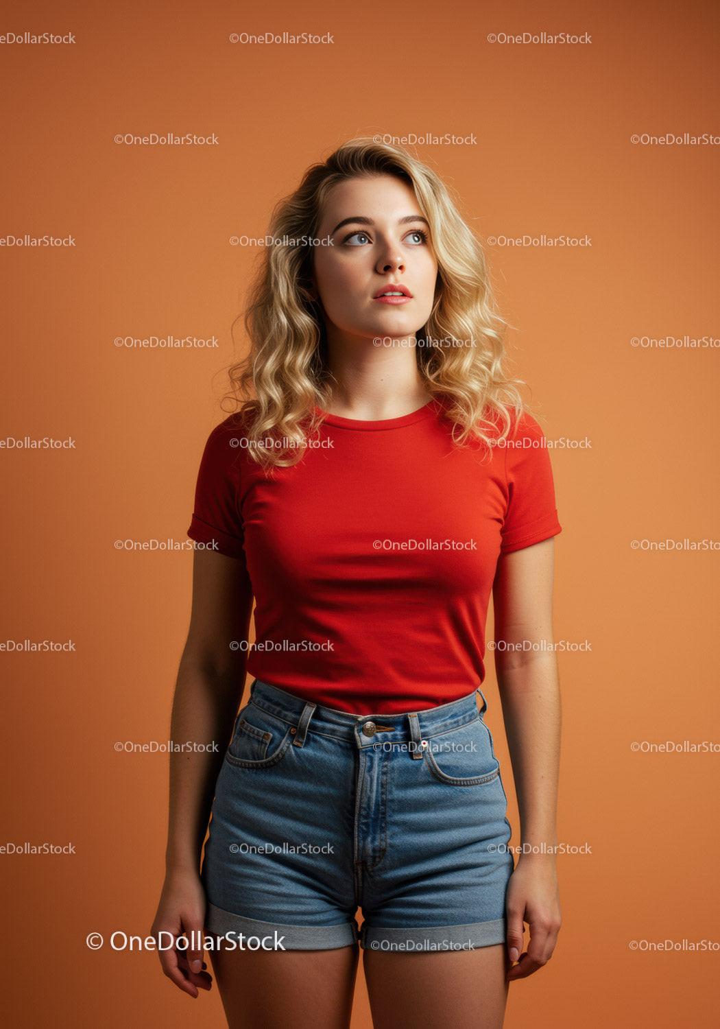Curly blonde woman in red shirt and denim shorts