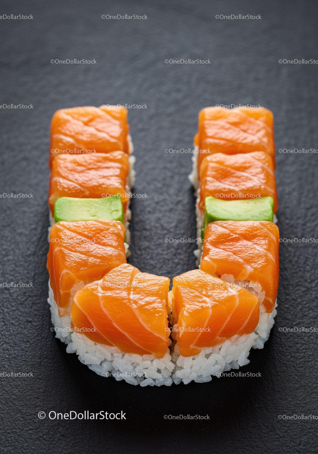 Fresh salmon sushi arranged in a U shape with avocado