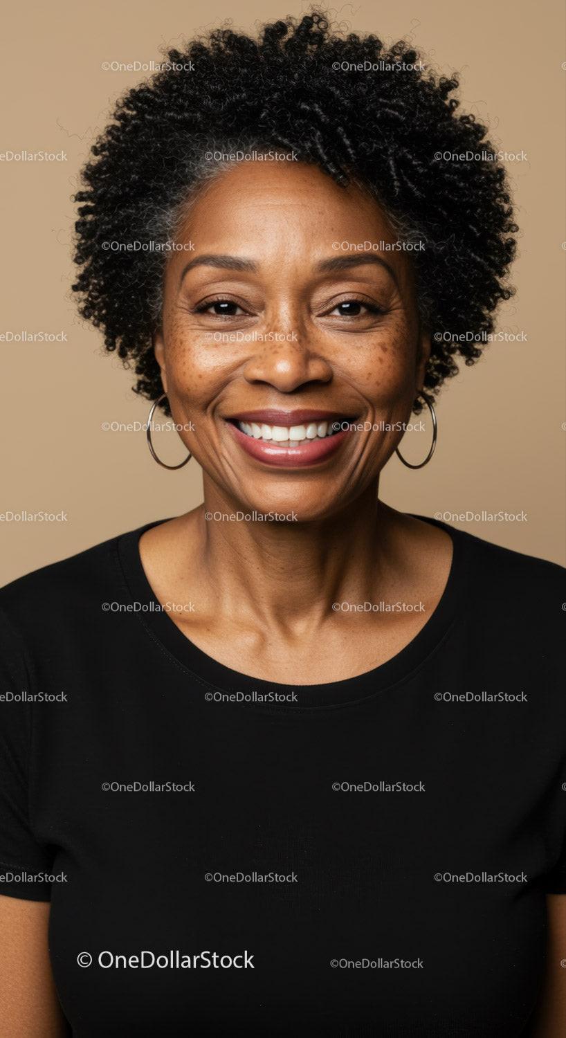 Happy Mature Woman with Curly Hair and Warm Smile in Portrait