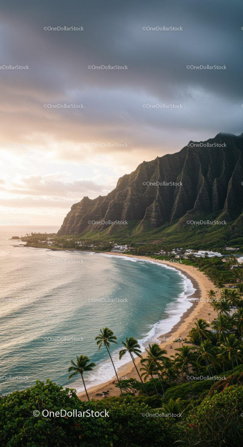 Tropical Beach with Green Mountain Cliffs and Ocean Coastline