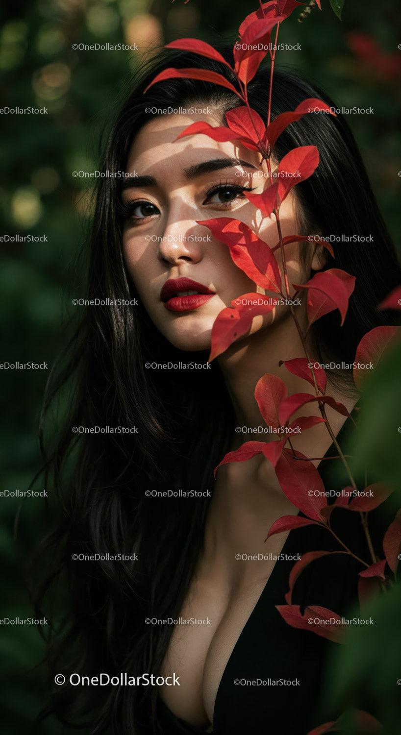 Elegant Portrait of a Woman Surrounded by Red and Green Foliage