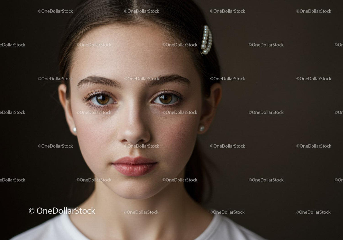 Close-Up Portrait of Girl with Brown Eyes and Elegant Pearl Hair Accessory