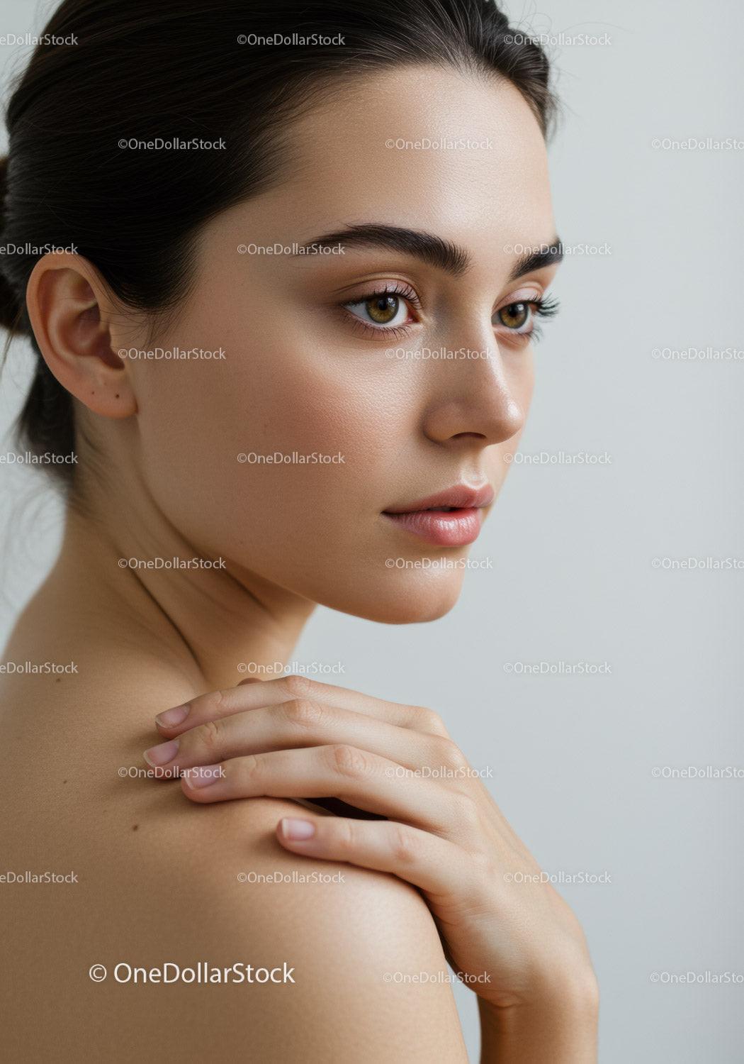 Close-up of a Beautiful Young Woman with Clear Skin and Brown Eyes