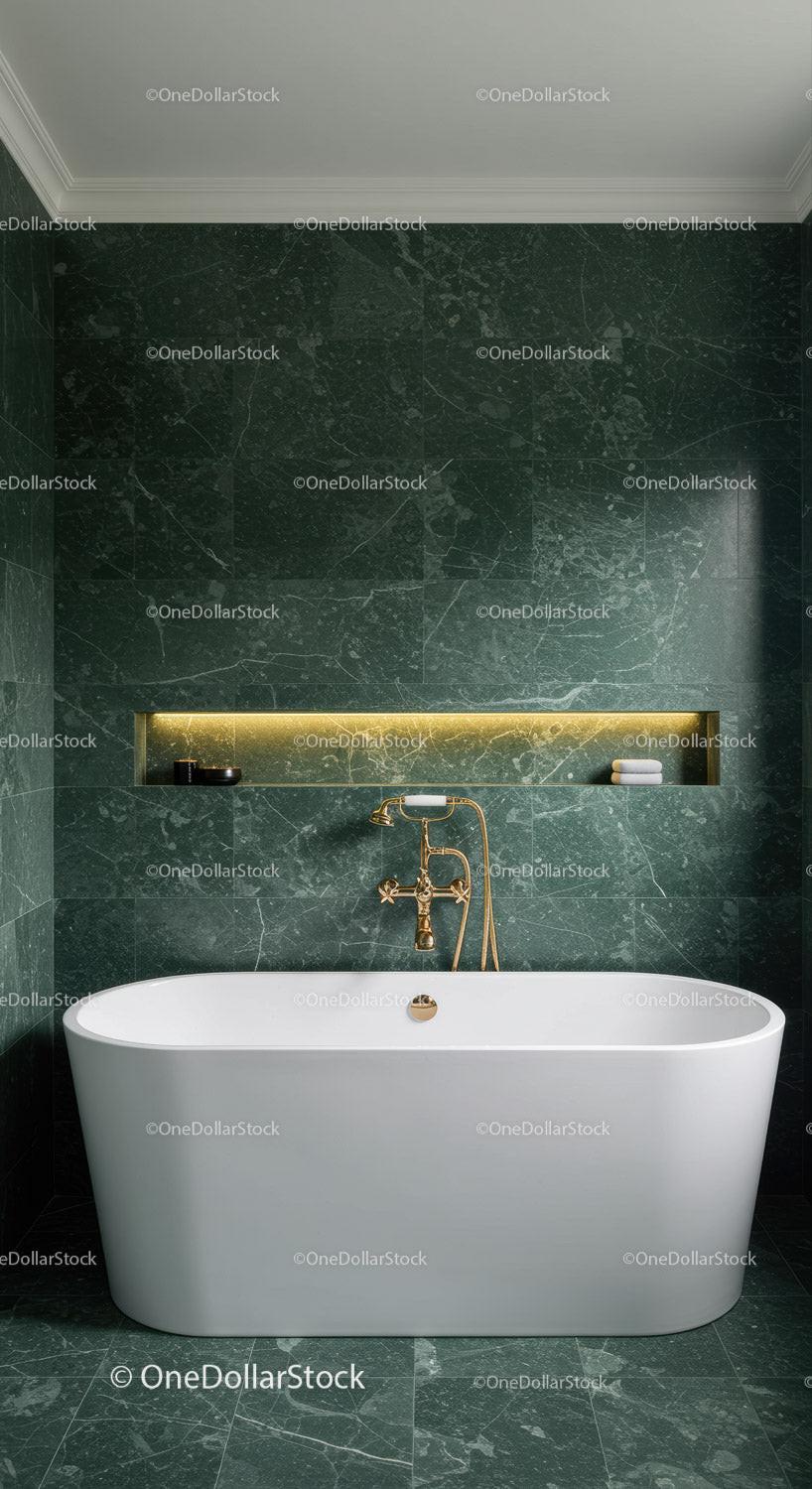 Luxurious Green Marble Bathroom with Gold Fixtures and Freestanding Tub