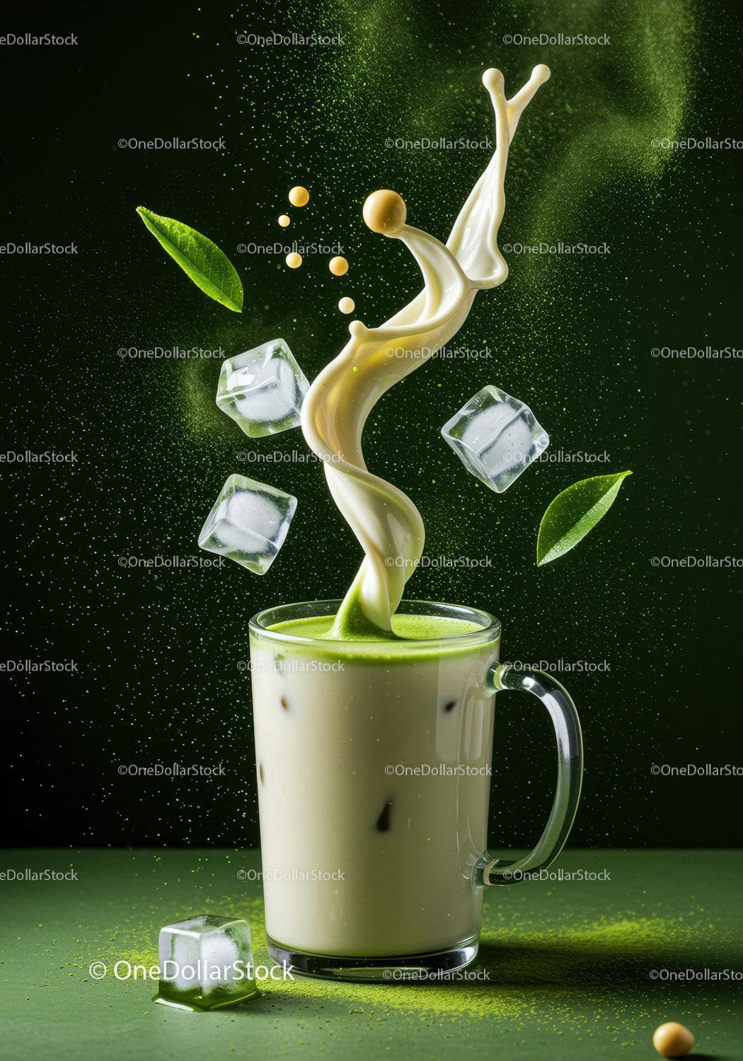 Refreshing Iced Matcha Latte with Cream Splash
