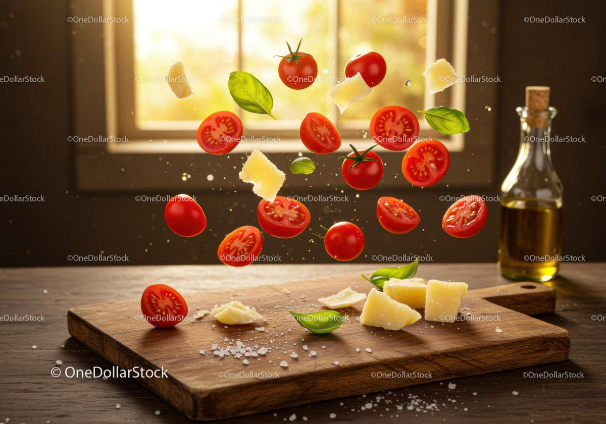Fresh cherry tomatoes with parmesan and basil in air