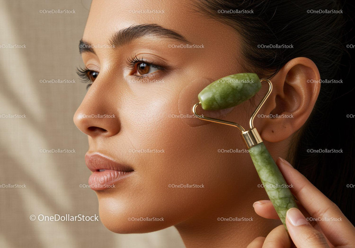 Woman Using Jade Roller for Facial Massage and Skin Rejuvenation