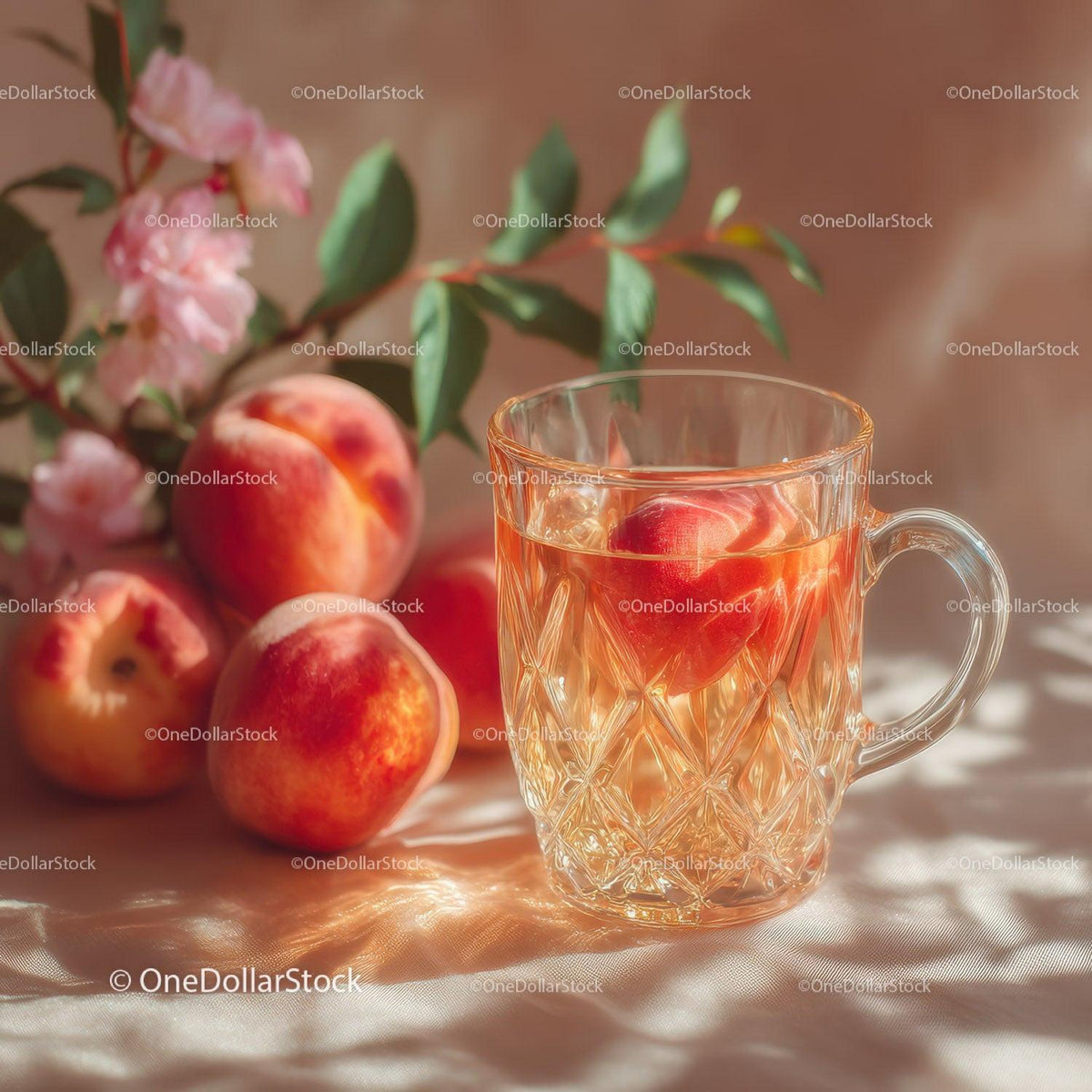 Summer Peach Infusion in Elegant Glass Mug with Fresh Peaches