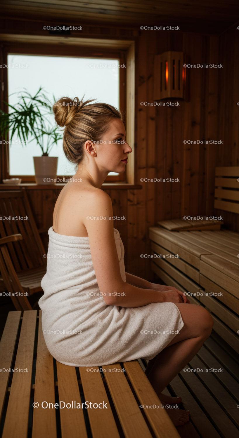 Young Woman Relaxing in Wooden Sauna During Spa Session