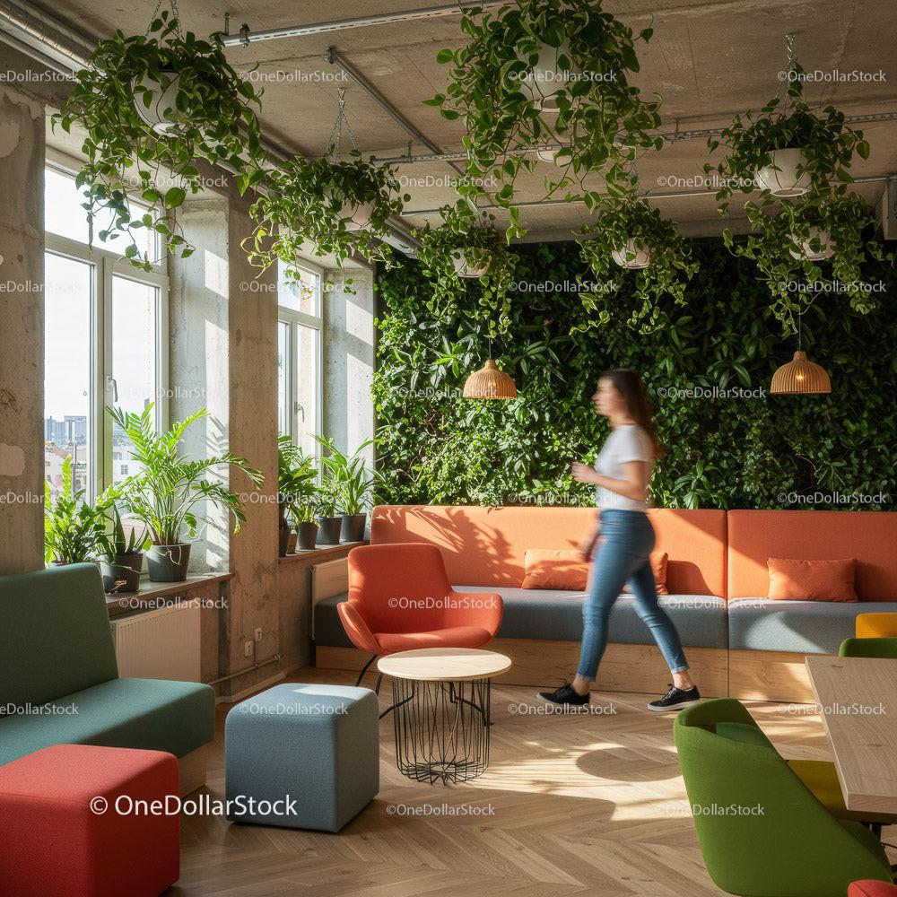 Stylish Office Space with Lush Greenery and Vibrant Lockers Stock Photo Bundle preview 15
