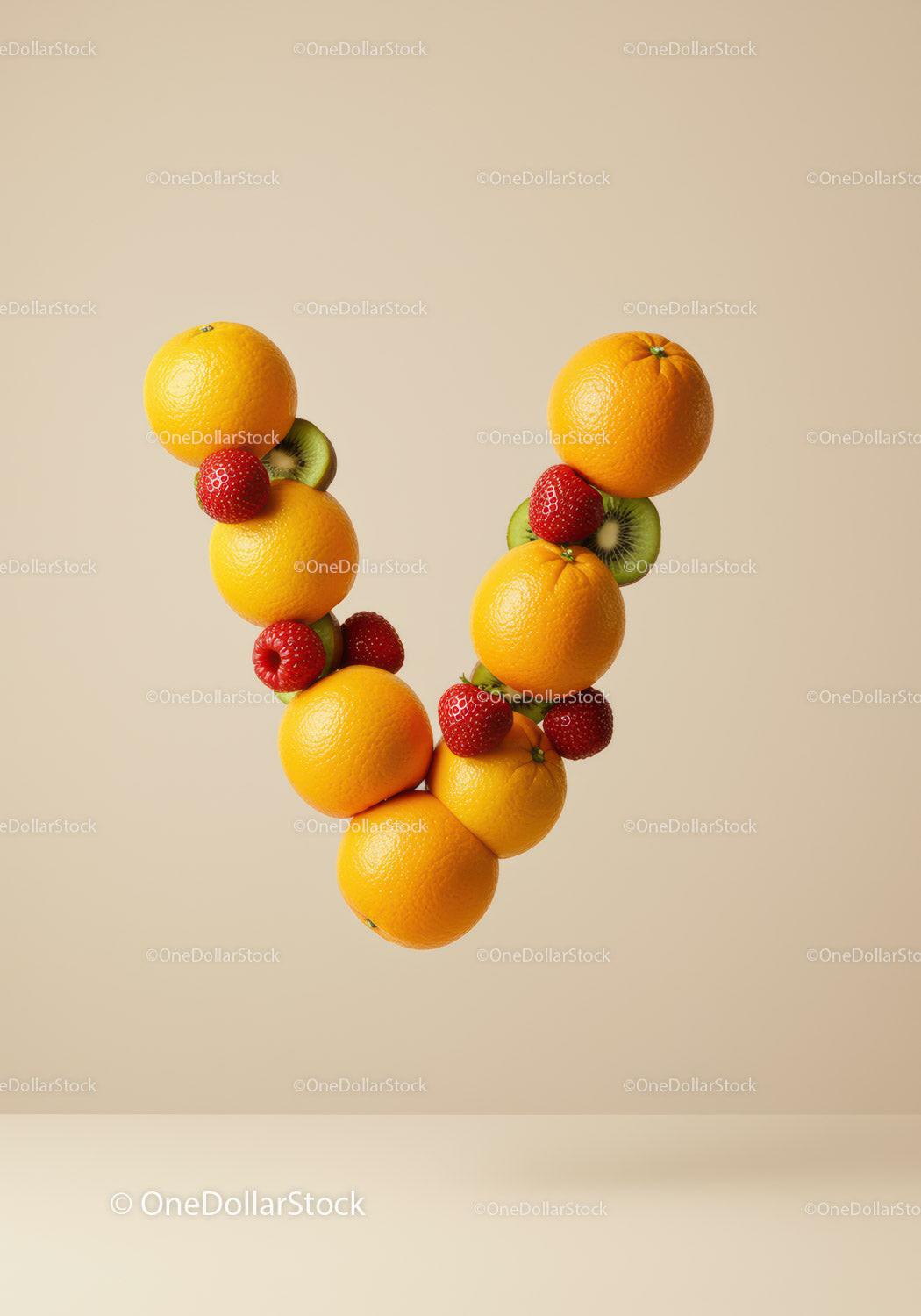 Letter V formed with fresh oranges and berries