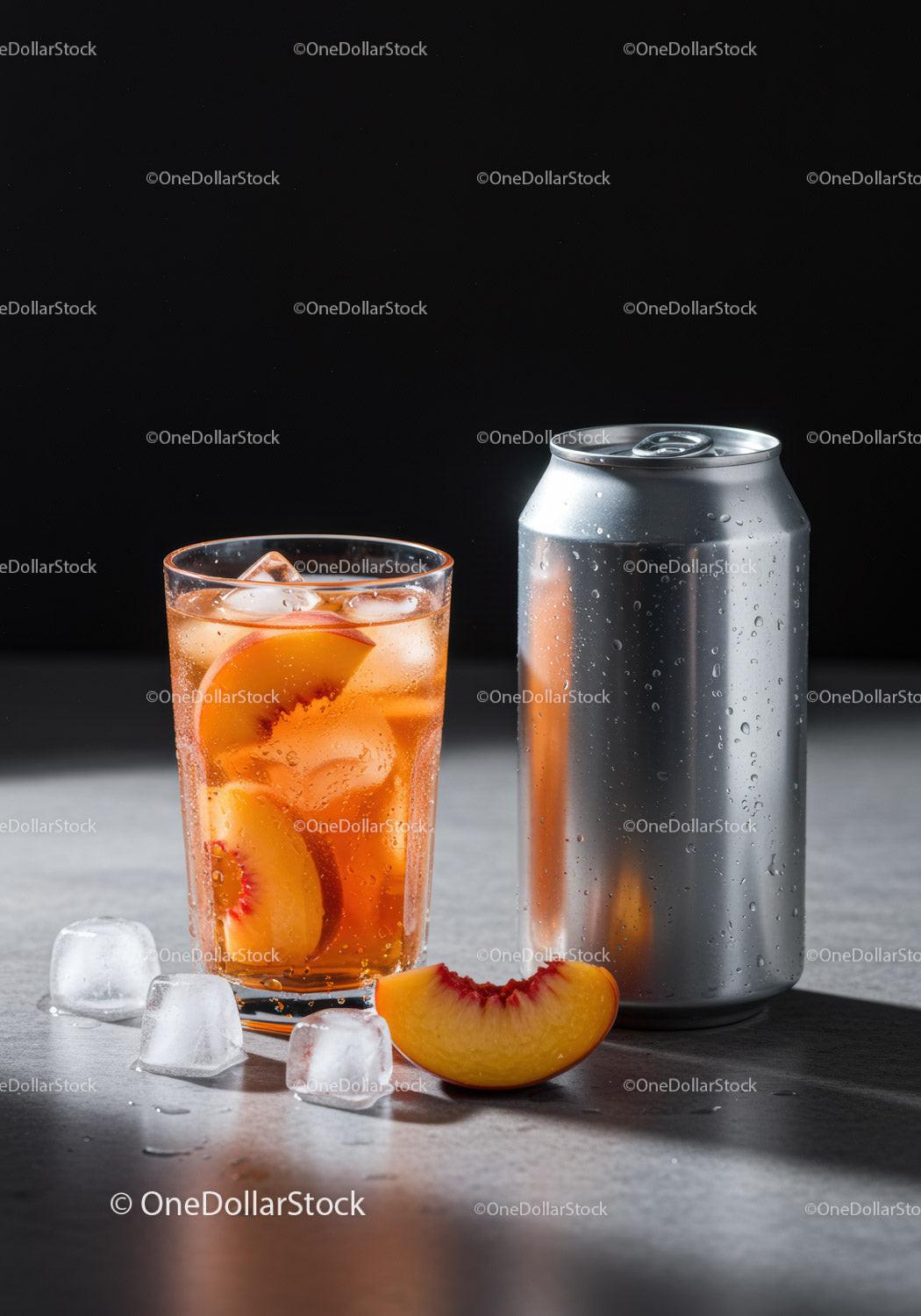 Refreshing Peach Iced Tea with Ice Cubes and Can
