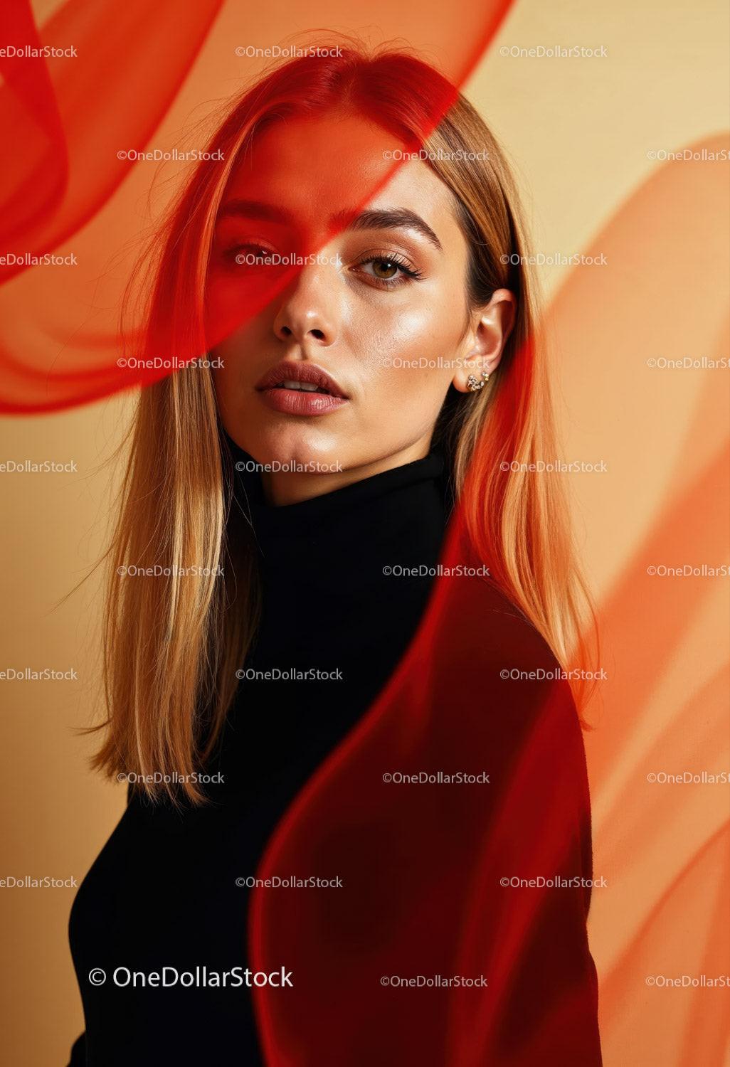 Creative Artistic Makeup Portrait with Red Face Paint and Blonde Hair Stock Photo Bundle preview 31