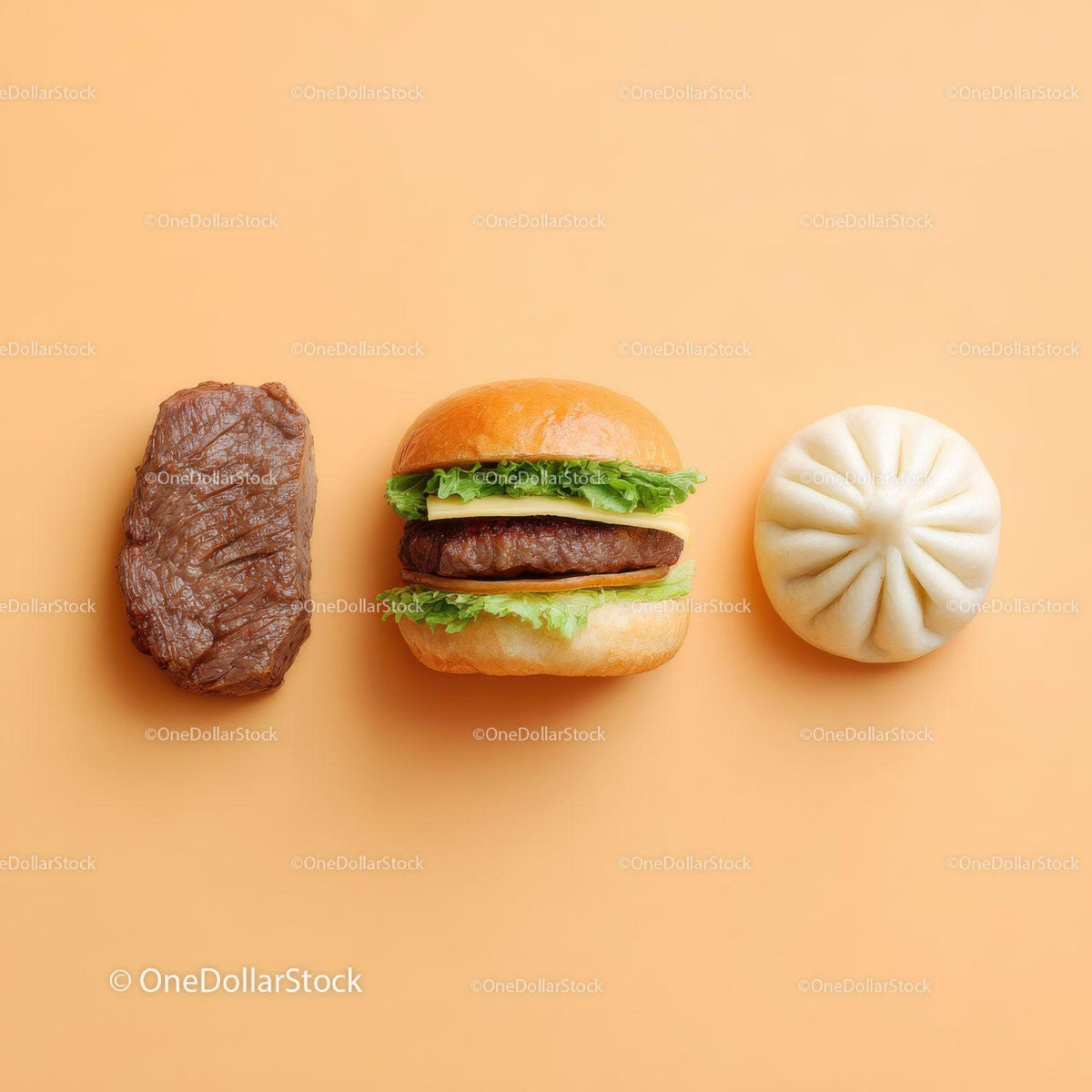 Gourmet Burger with Lettuce and Tomato Next to Grilled Steak and Dumpling Stock Photo Bundle preview 24