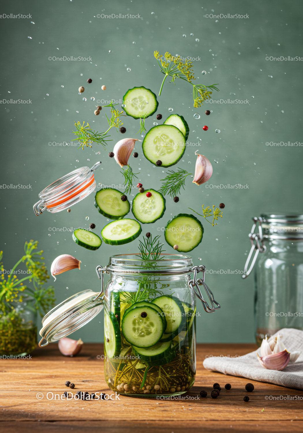 Fresh cucumber slices and herbs exploding into jar