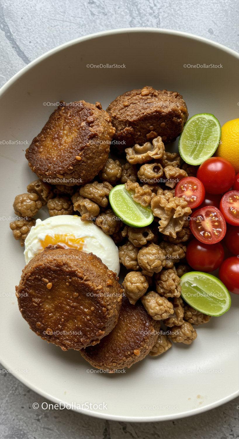 Traditional African dish with fried patties and fresh produce