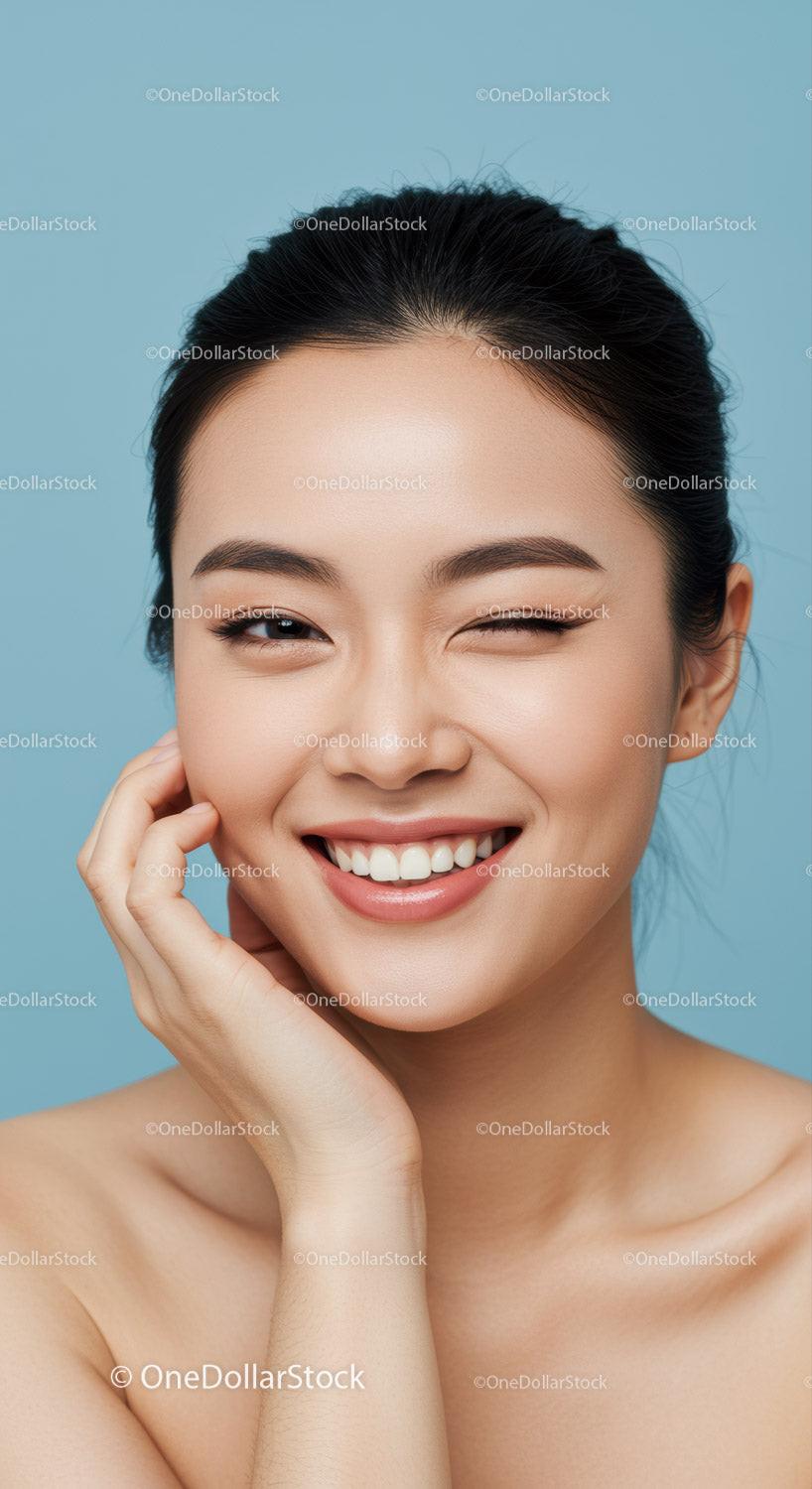 Beautiful Woman Smiling with Flawless Skin Bright and Cheerful Portrait