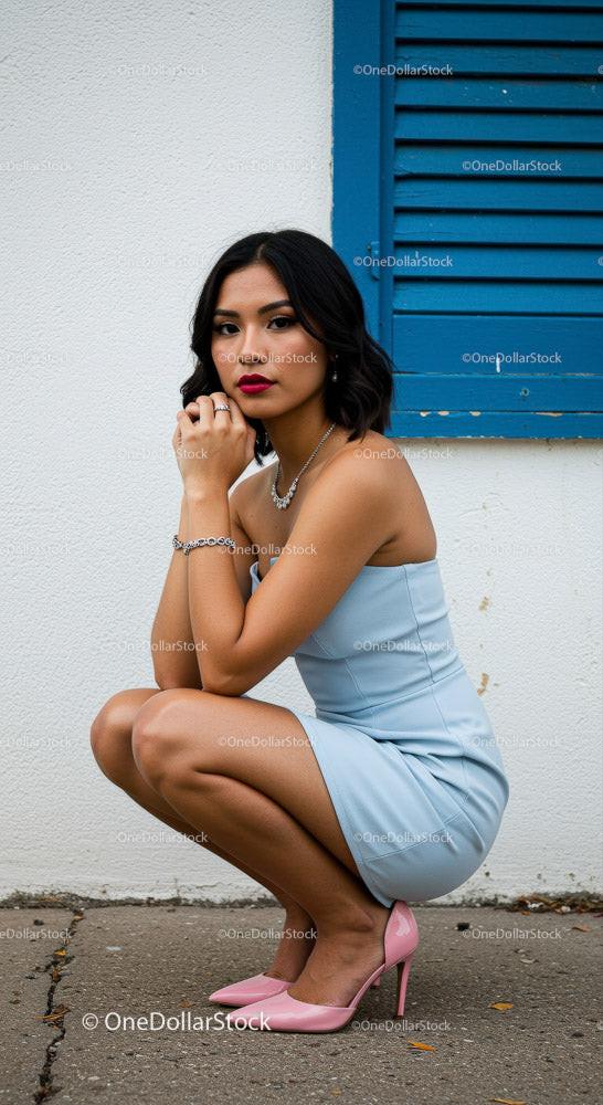 Stylish Woman in Blue Dress and Pink Heels Posing Outdoors Stock Photo Bundle preview 10