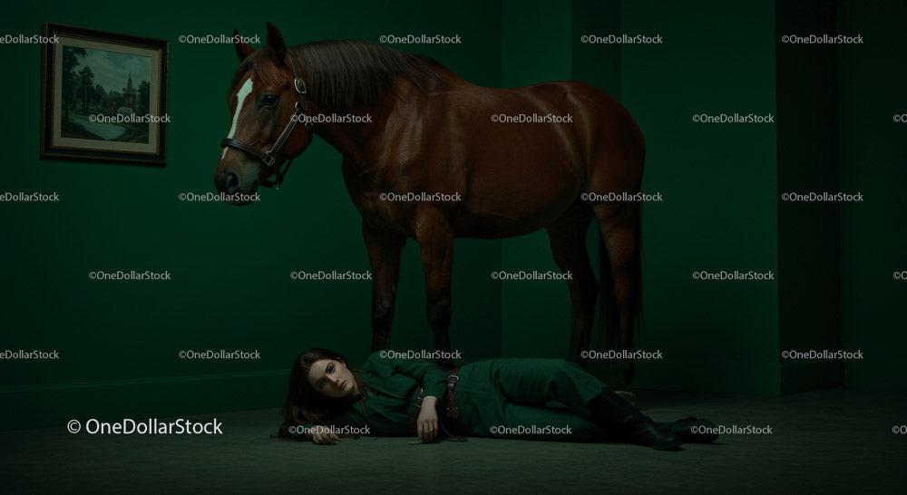 Woman Lying on Floor Beside a Horse in Dramatic Green Room Stock Photo Bundle preview 16