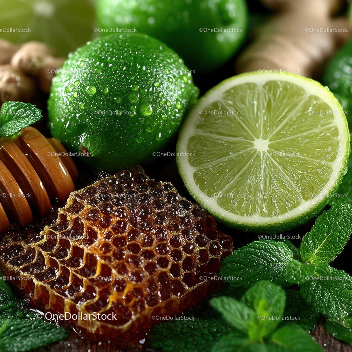 Fresh Limes, Mint Leaves and Honeycomb for Delicious Recipes Stock Photo Bundle preview 26