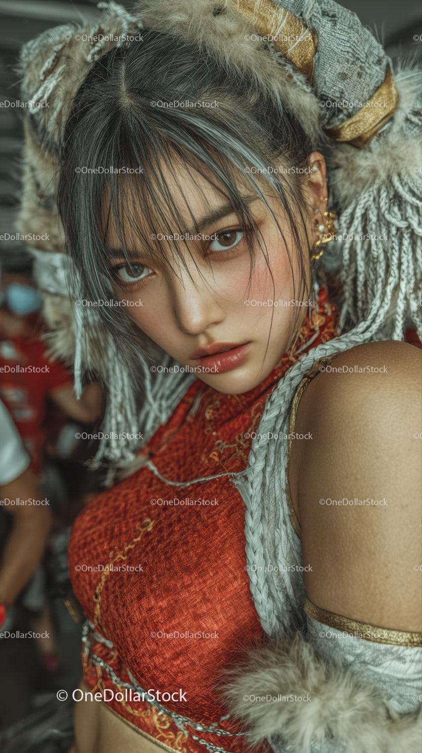 Striking Woman in Tribal Costume with Fur Accents for Fashion Portrait
