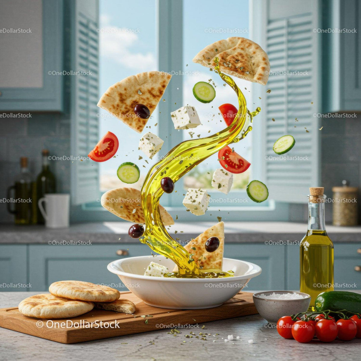 Fresh Greek salad ingredients with olive oil splash