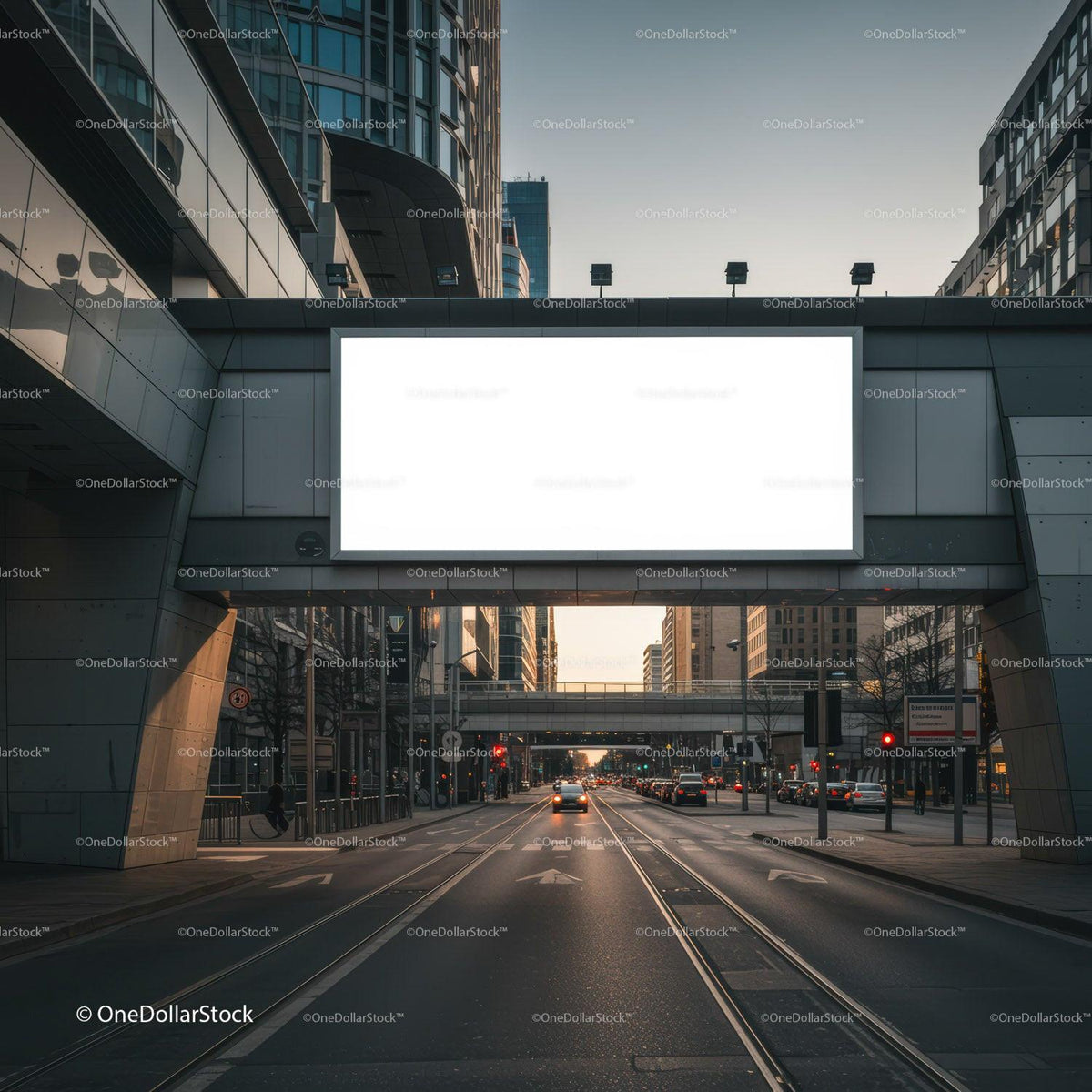 Urban street with blank billboard at dusk in city center JPG Mockup Image preview