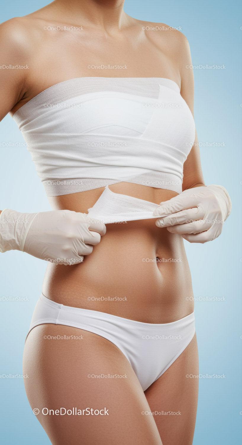 Woman in White Bandage on Abdomen Applying Medical Dressing