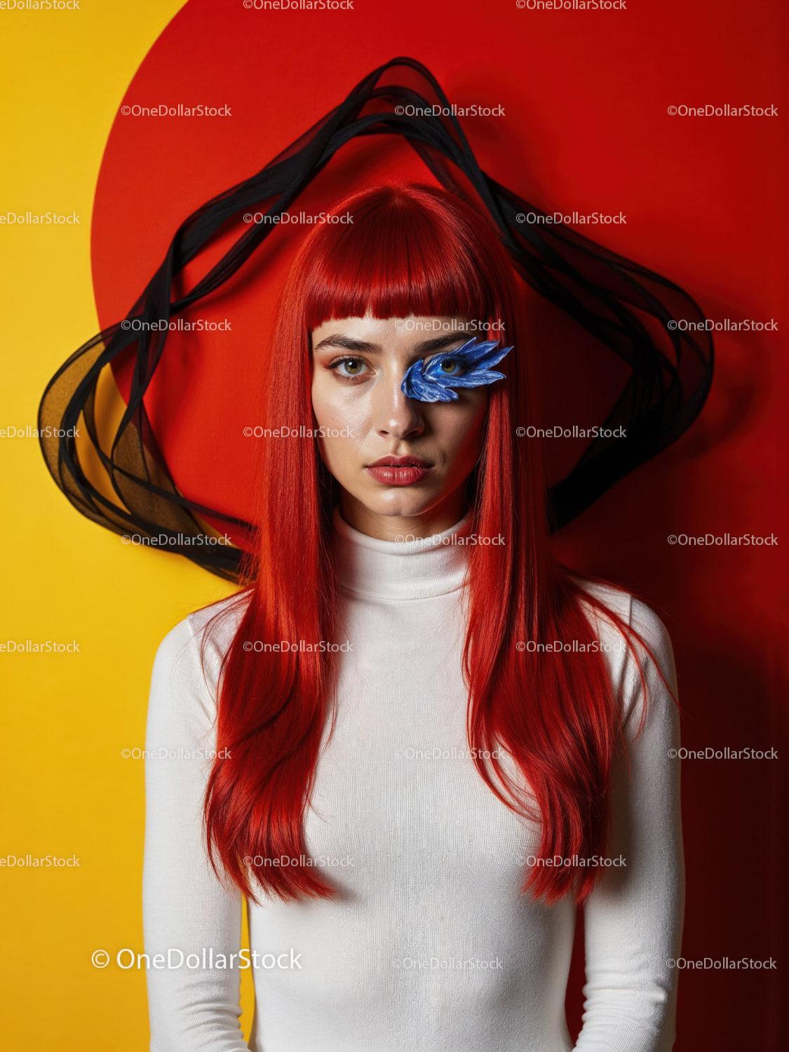 Striking Woman with Artistic Blue Face Paint and Red Lipstick Stock Photo Bundle preview 6