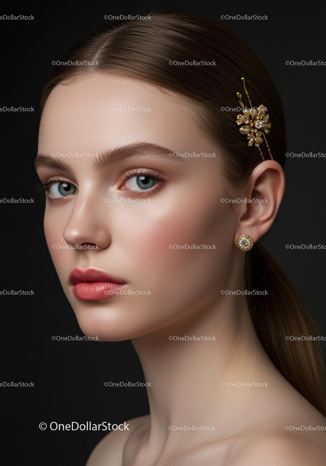 Elegant Portrait of a Young Woman with Pearl Earrings and Gold Hairpin