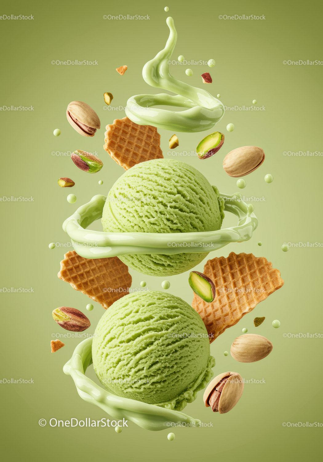 Two scoops of creamy pistachio ice cream with nuts