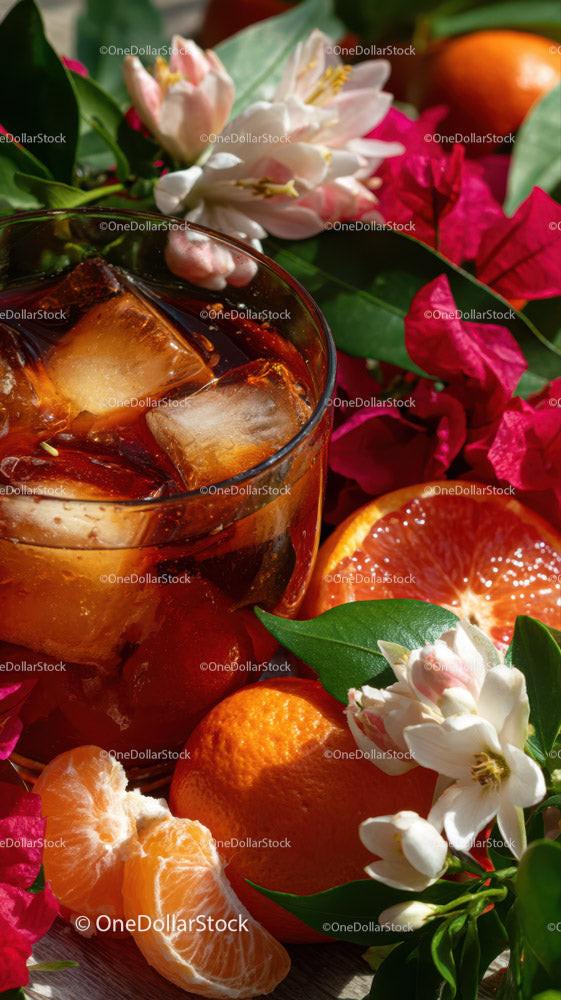 Fresh Citrus Fruits and Jasmine Flowers with Iced Cola