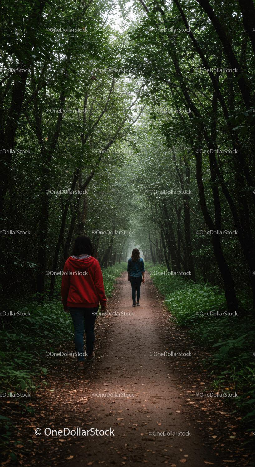 Two Women Walking Through Lush Forest Pathway