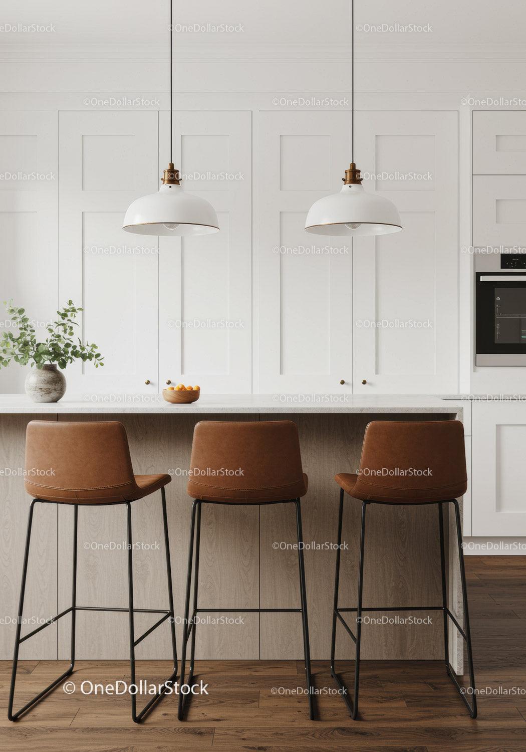 Contemporary Kitchen with White Cabinets Wooden Bar Stools and Pendant Lighting