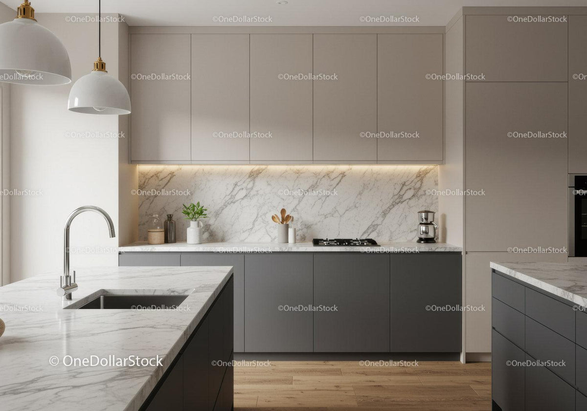 Contemporary Modern Kitchen with Marble Countertops and Gray Cabinets