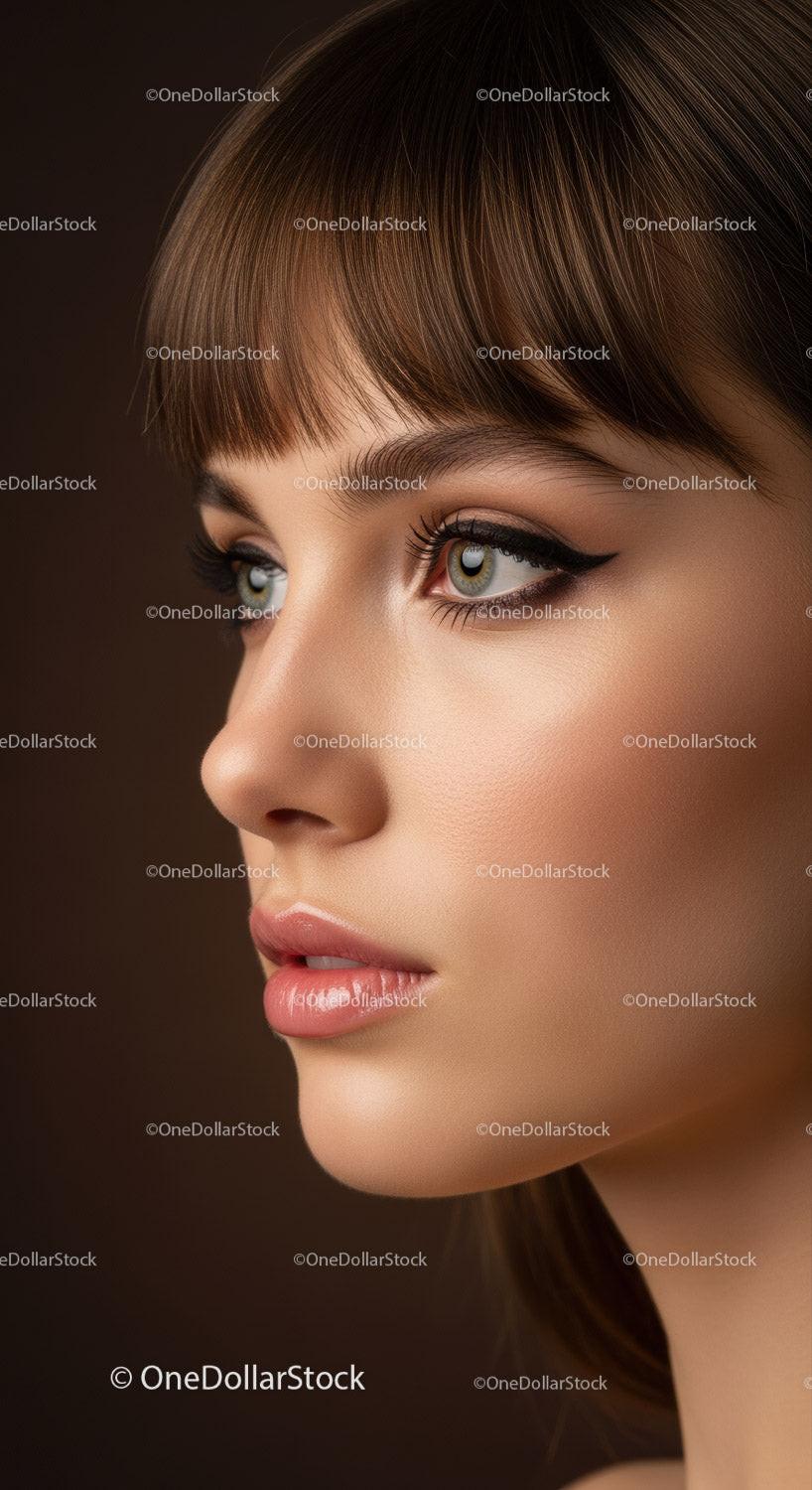 Close-Up of a Woman with Dramatic Eye Makeup and Flawless Skin