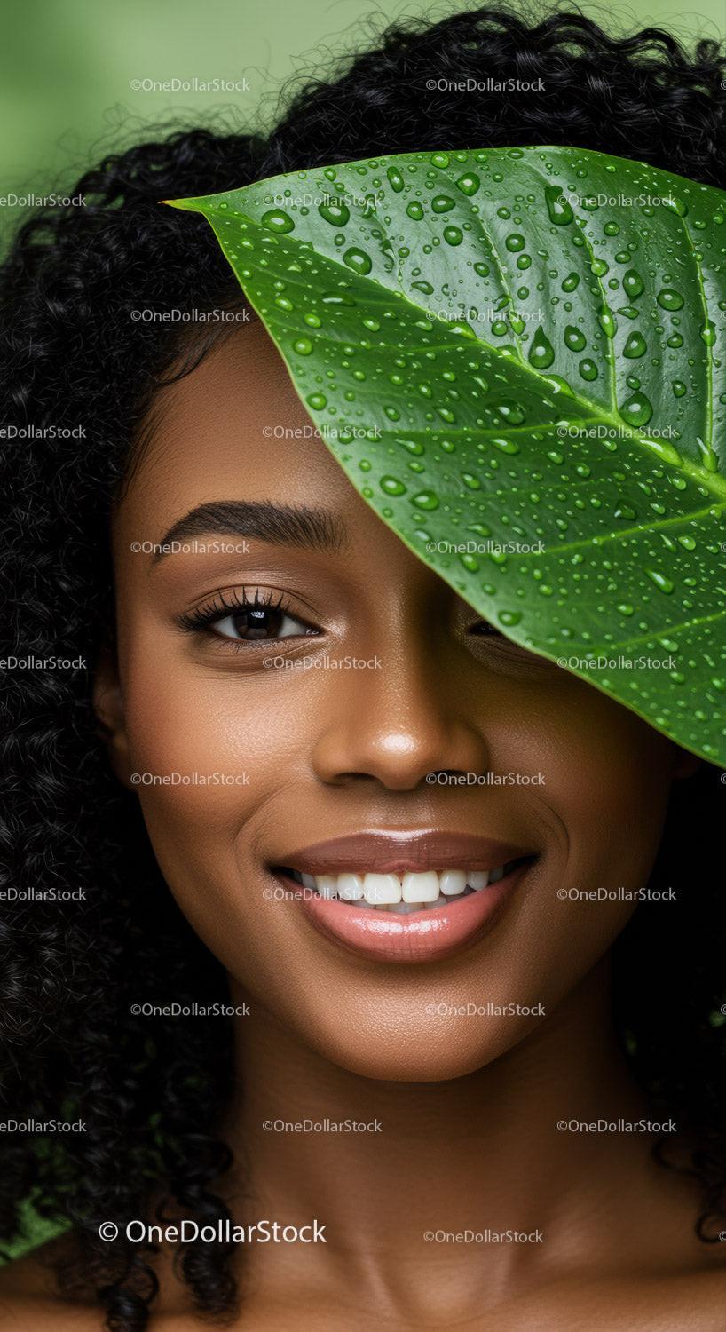 Portrait of a Smiling Woman with Curly Hair and Tropical Foliage