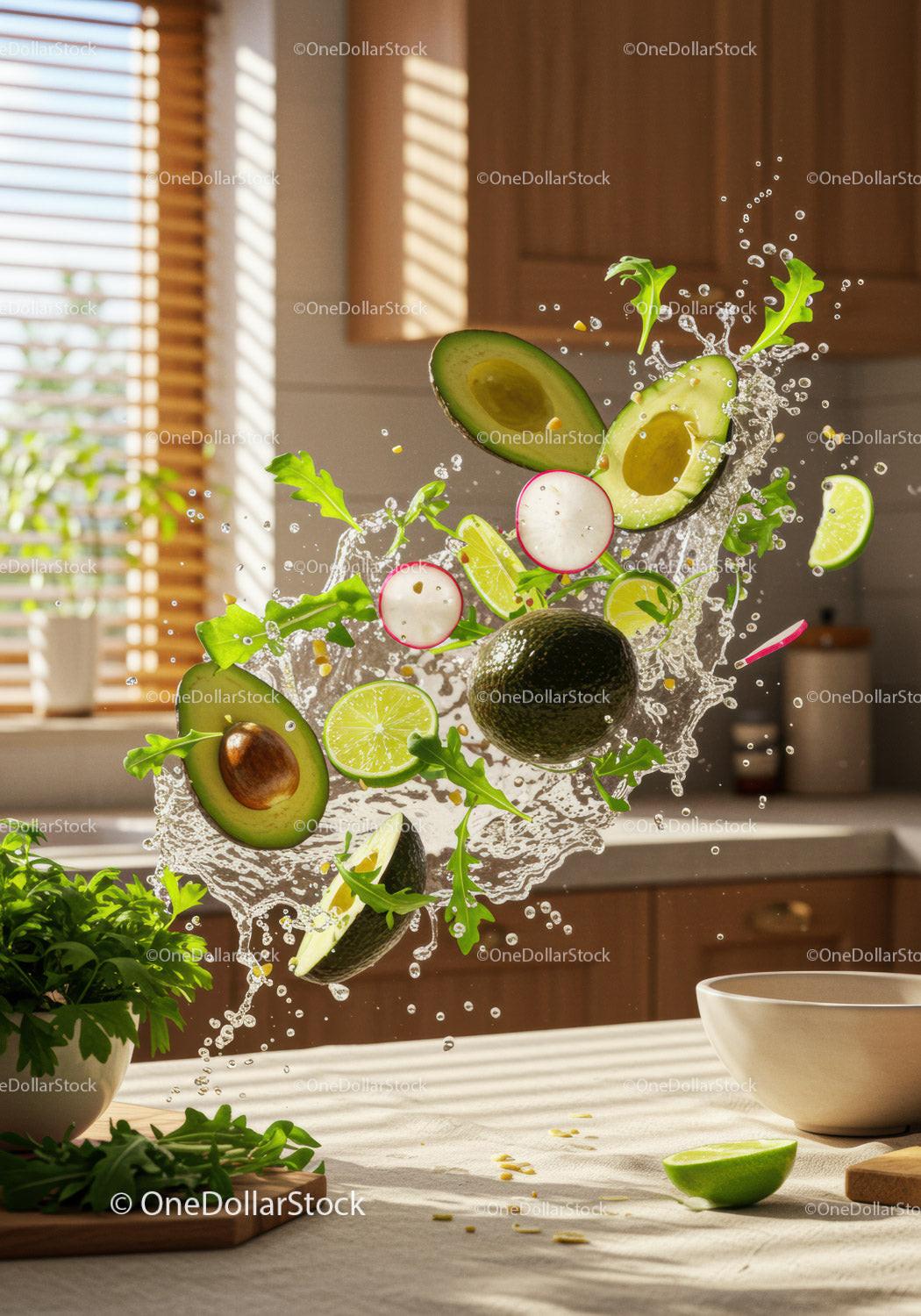Fresh avocado and lime with arugula splash in kitchen