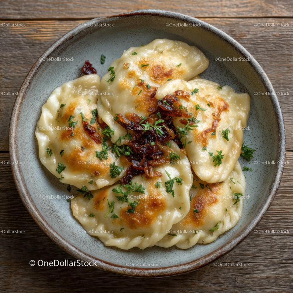 Dumplings with Bacon and Herbs Served in Rustic Bowl Stock Photo Bundle preview 13