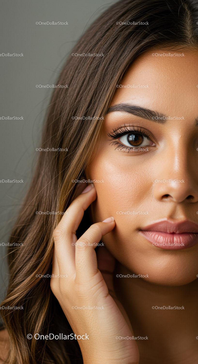 Close-up Portrait of a Beautiful Woman with Brown Hair and Glowing Skin