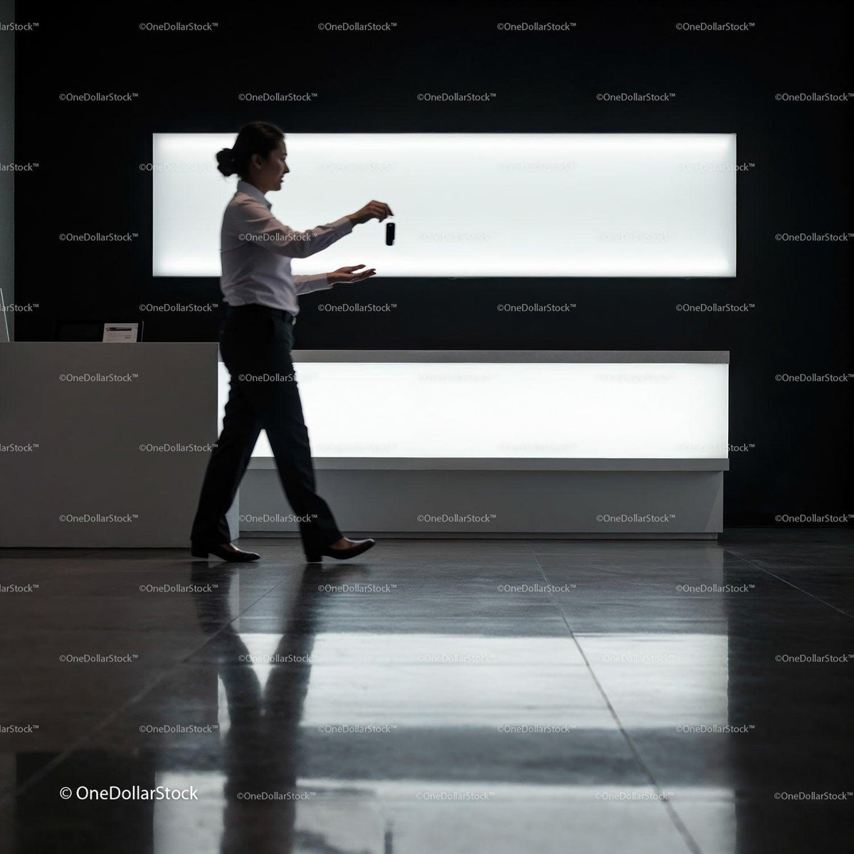 Professional woman walking with keycard in modern lobby JPG Mockup Image preview