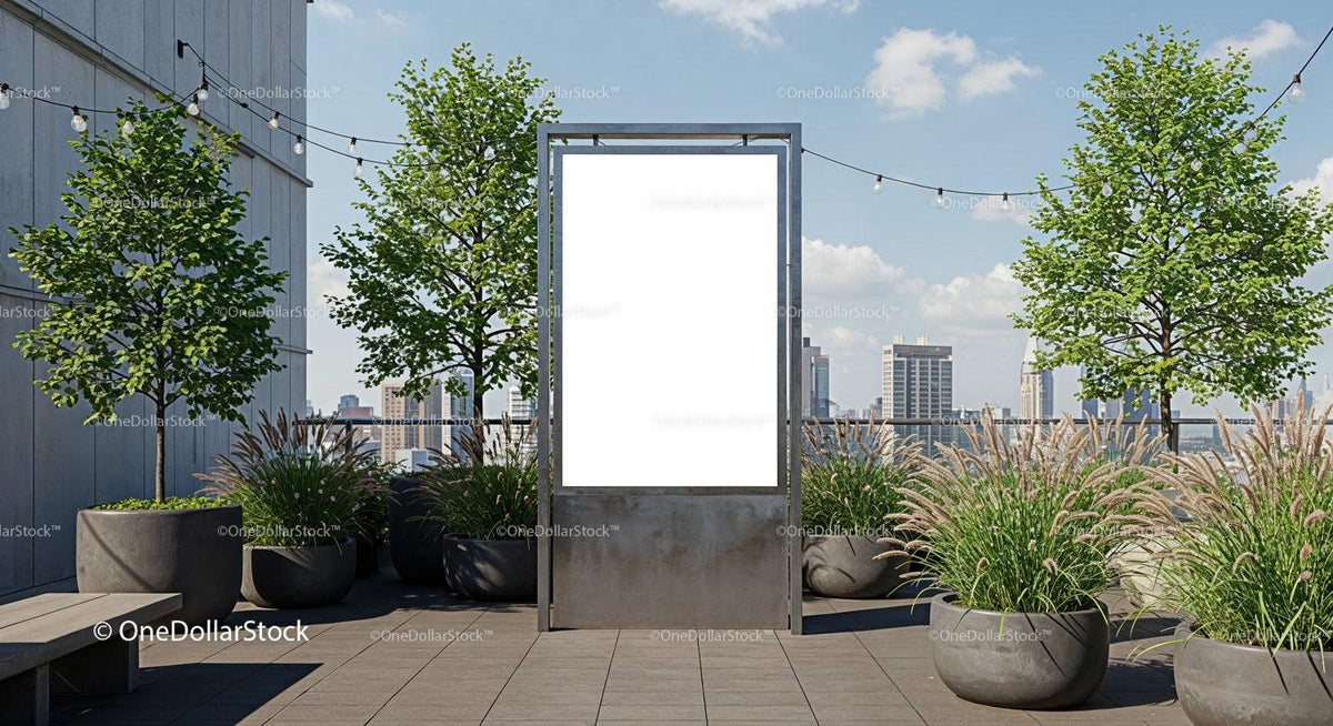 Urban rooftop garden with blank advertising board JPG Mockup Image preview