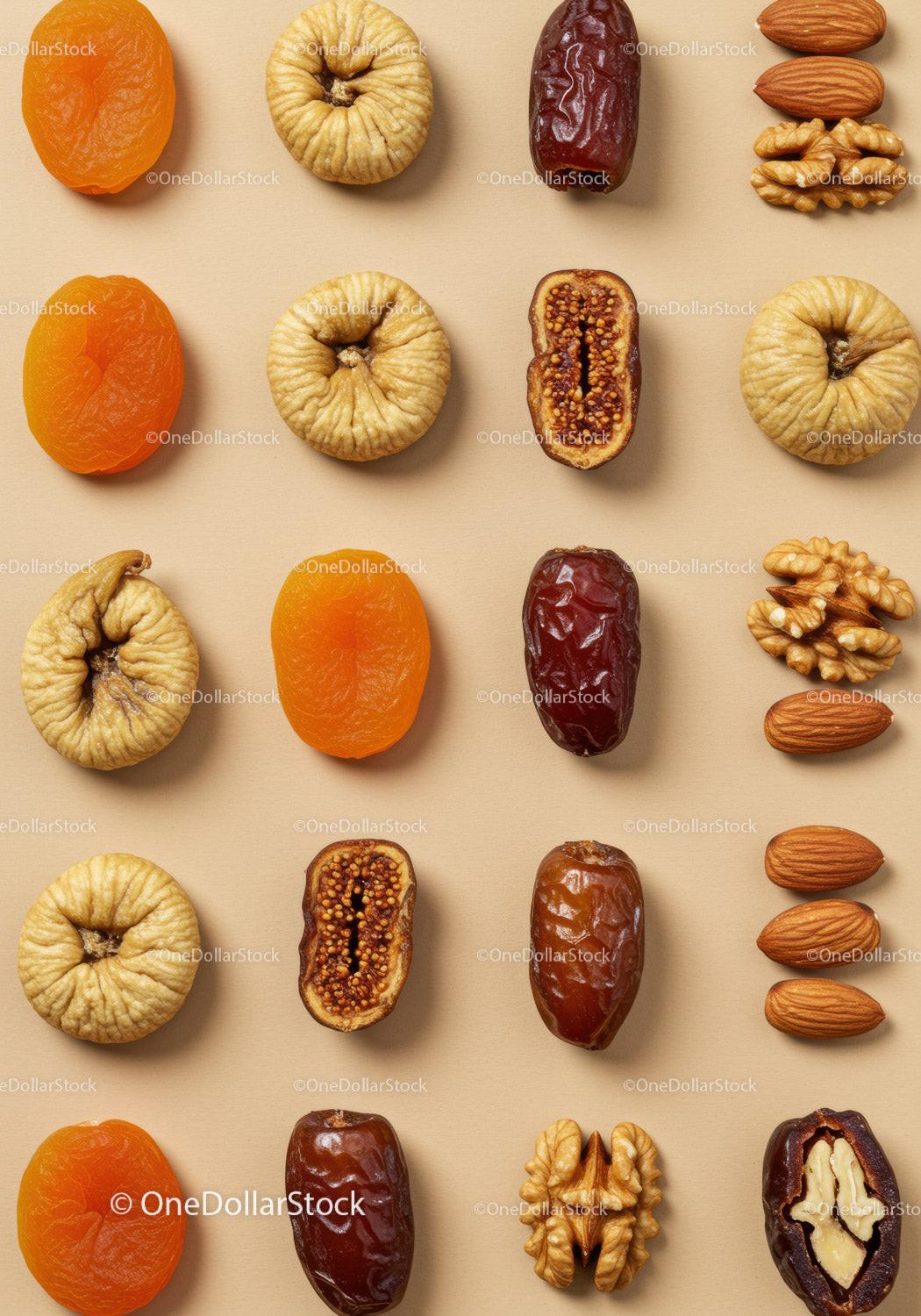 Assorted dried fruits and nuts arranged on beige background