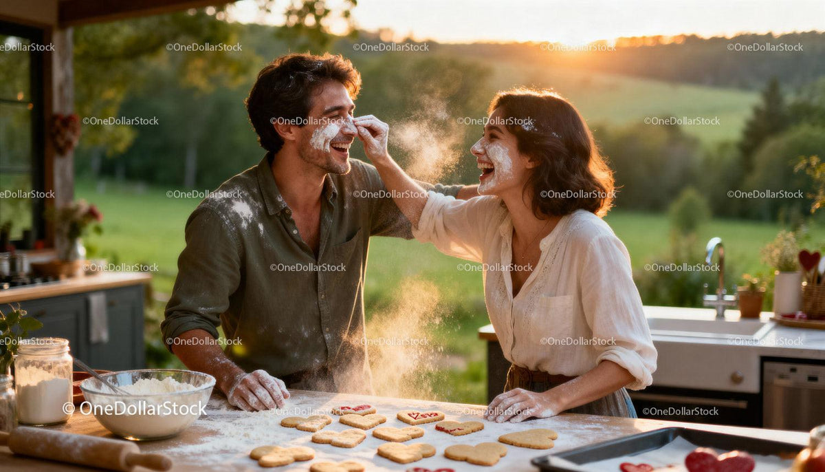 Couple Playfully Baking Heart Cookies Together Outdoors