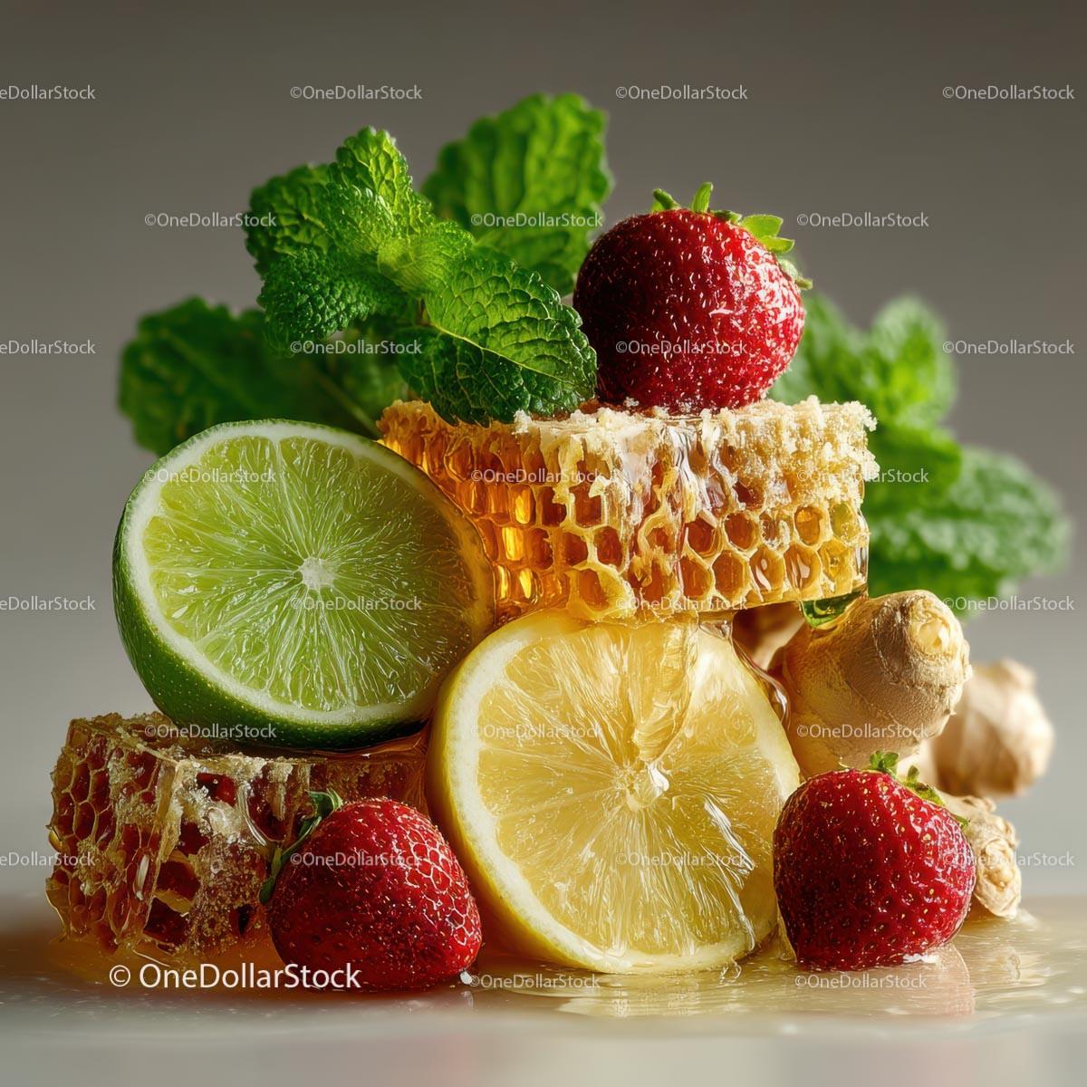 Fresh Honeycomb with Strawberries and Lime Garnish Stock Photo Bundle preview 26
