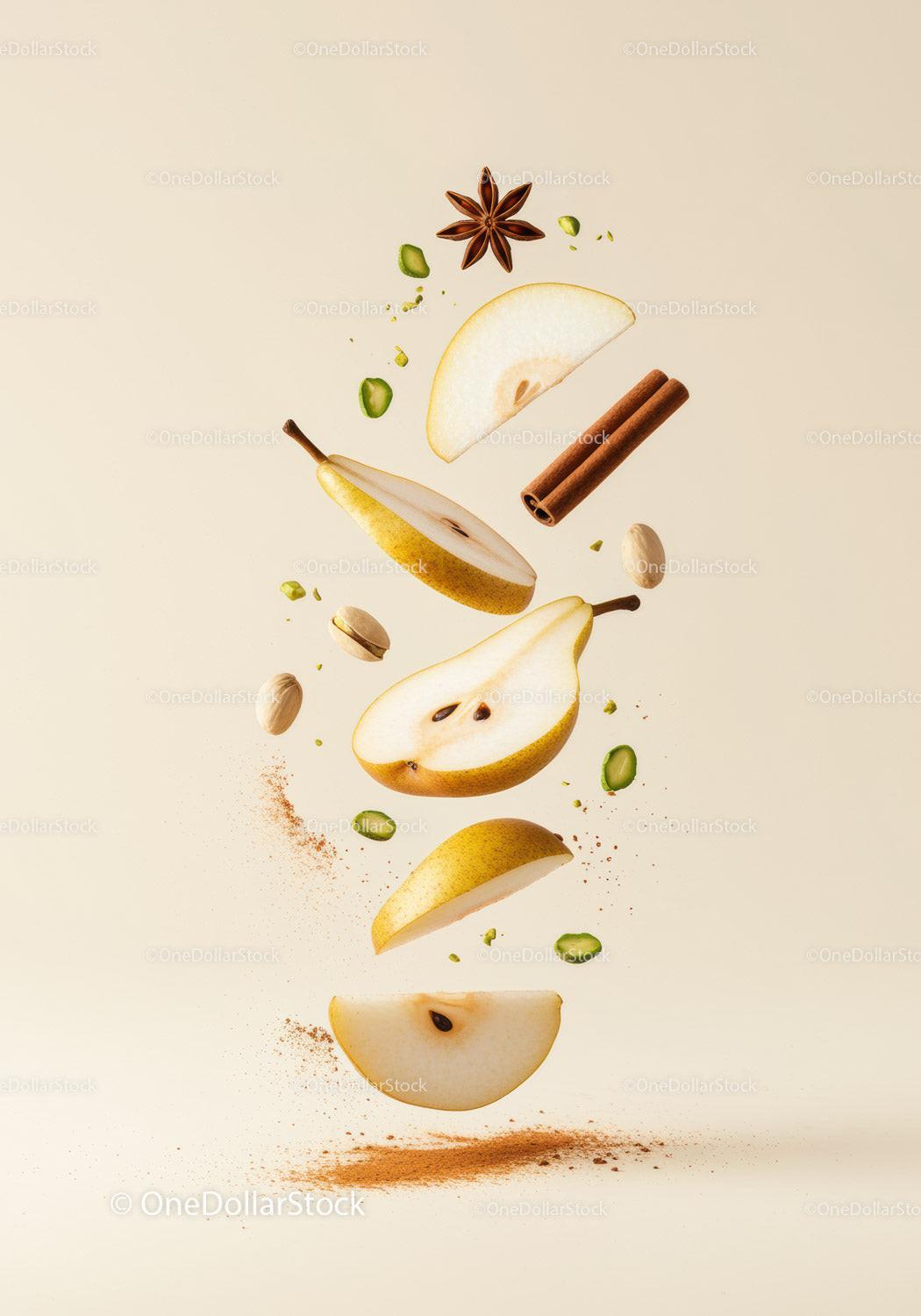 Floating Pear Slices with Spices and Nuts on Light Background