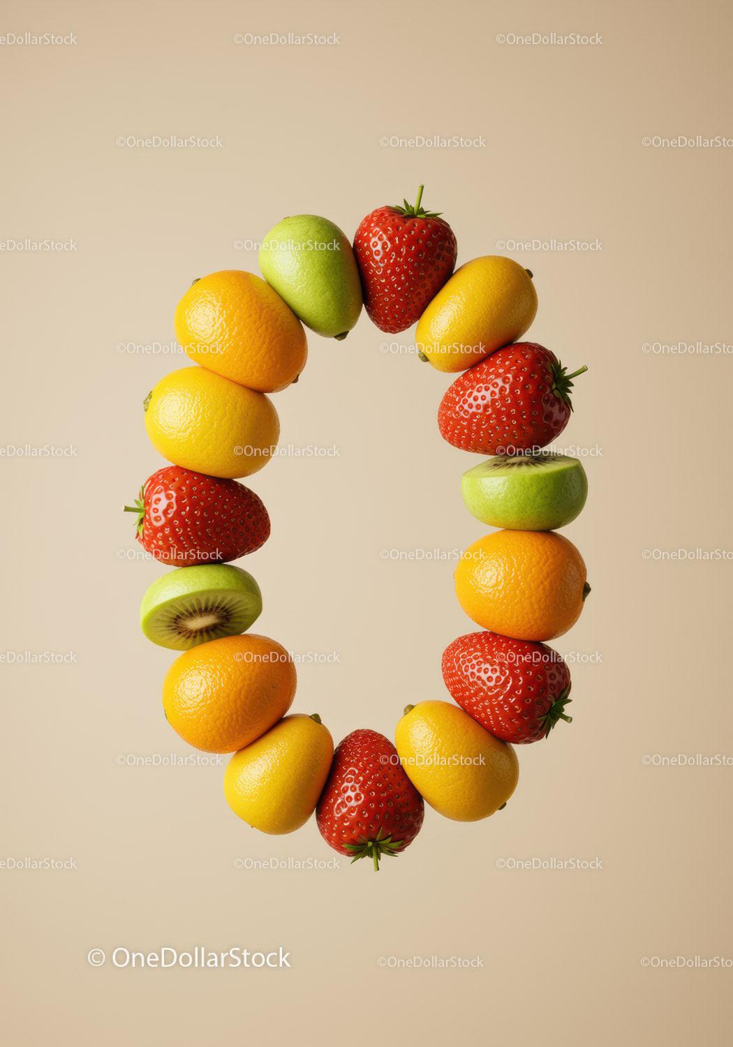 Circular arrangement of fresh colorful fruits on beige background