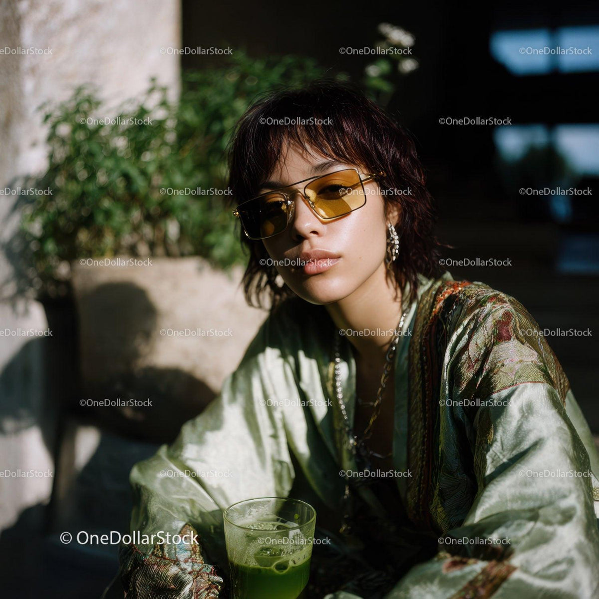 Stylish Woman Wearing Sunglasses Holding Green Cocktail Outdoors