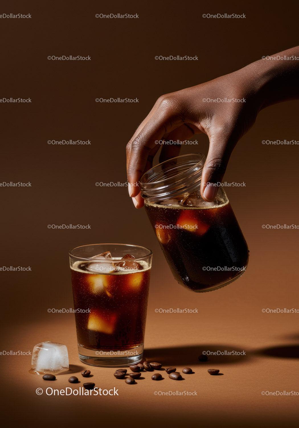 Hand Pouring Cold Brew Coffee Over Ice Cubes